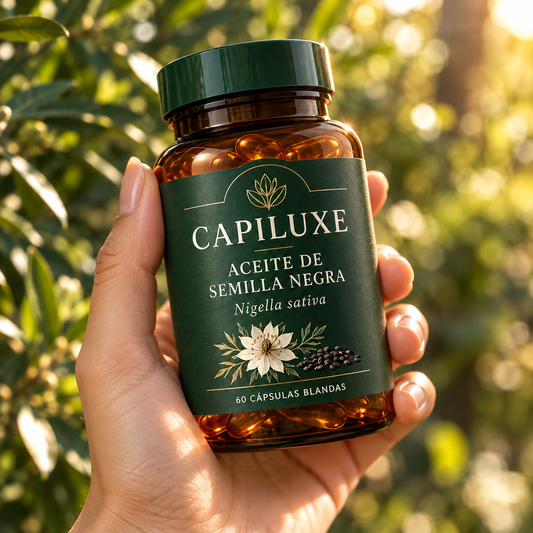 Frasco Capiluxe sostenido en la mano ante un fondo de vegetación