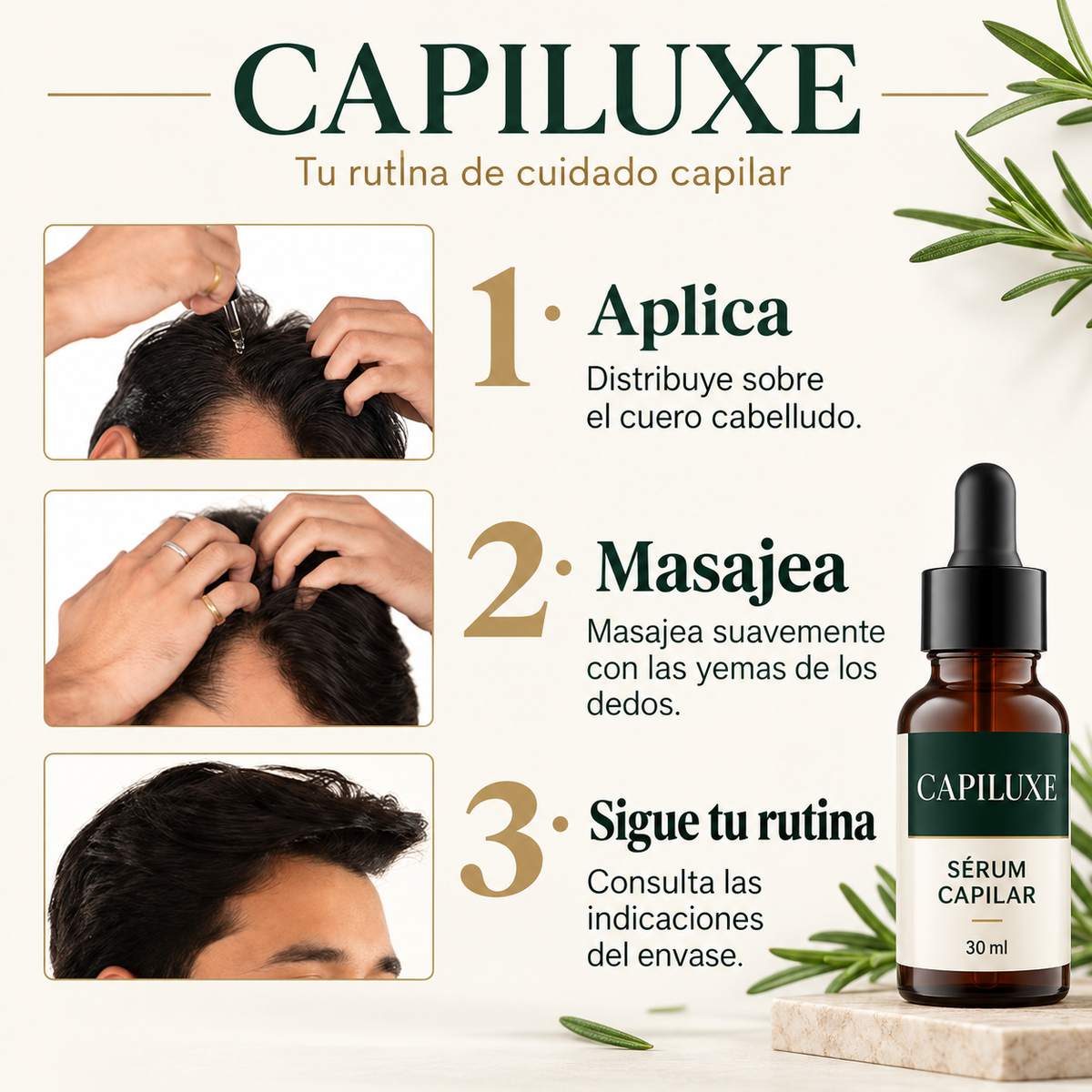 Rutina de aplicación del sérum capilar Capiluxe en tres pasos