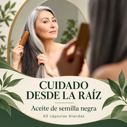 Mujer de cabello plateado peinándose frente al espejo; aceite de semilla negra Capiluxe, 60 cápsulas blandas