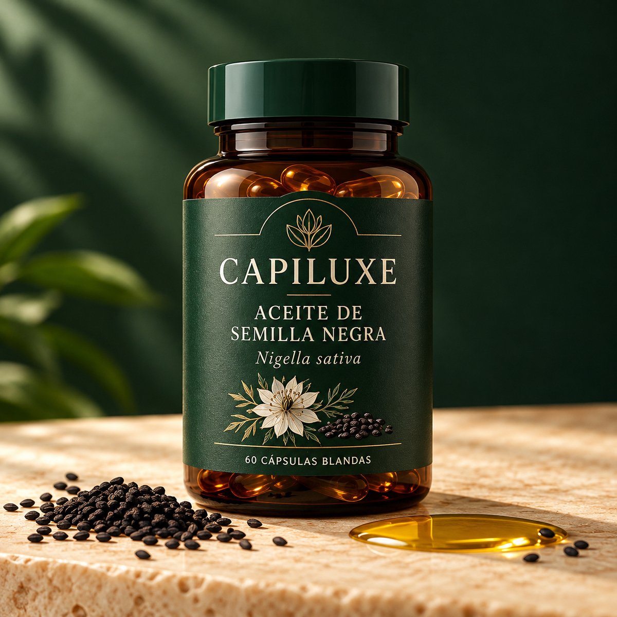 Envase Capiluxe de aceite de semilla negra, 60 cápsulas blandas